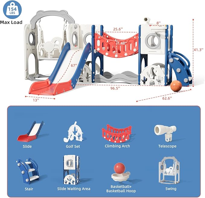 67i 10 in 1 Toddler Playground Playset with Swing Age 1-3 - Monkey Bar for Coordination, Easy Assembly, Sturdy Durable, Indoor Outdoor Birthday Gift with Basketball/Telescope (Red Blue, with Swing)