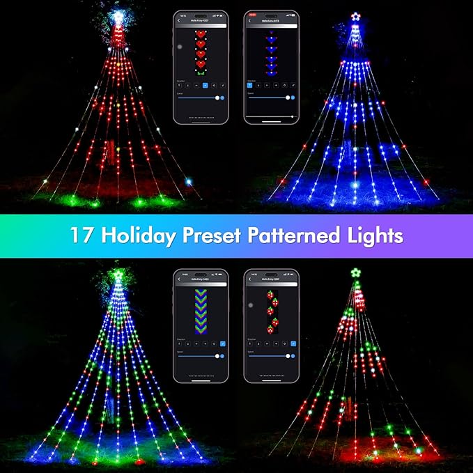 Outdoor Christmas Decorations, 23FT Smart RGB Color Changing Christmas Hanging Waterfall String Lights, APP Remote Control, DIY Multi-Color Lightshow, Music Sync, Outside Xmas Lights Decor