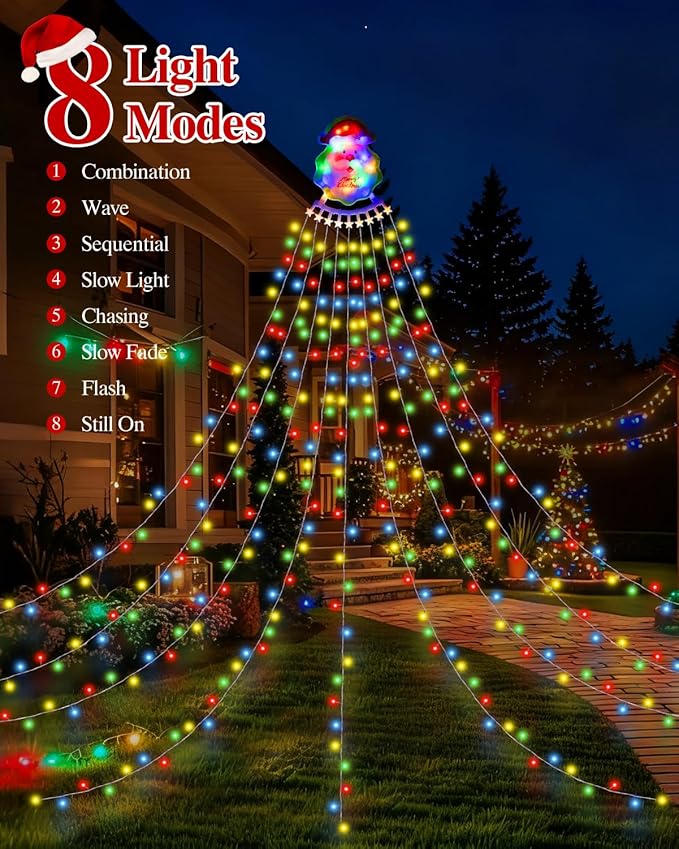 Christmas Decorations Outdoor String Lights - 335 LED 11.48ft 9 Strands Waterfall Tree Lights with Topper, 8 Lighting Modes Christmas Lights Indoor Decorative for Wedding Yard Party Home