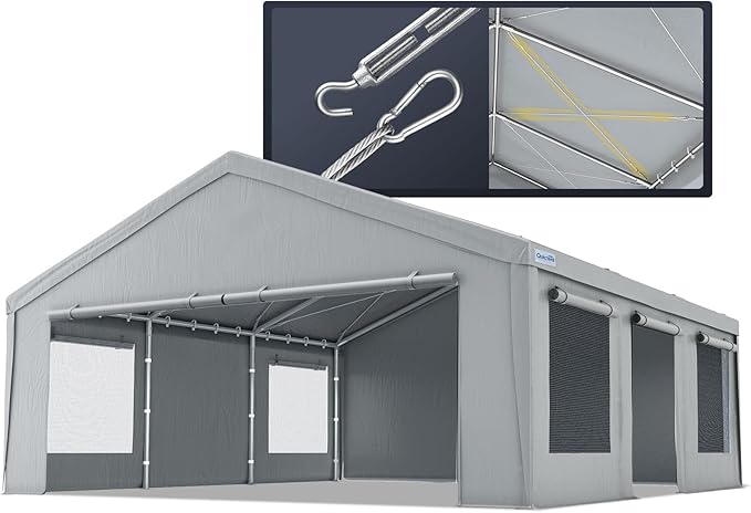 Quictent 20x20 ft Heavy Duty 2 Car Carports with Side Zipper Doors & Snowproof Steel Cables & Ventilated Windows, Waterproof Storage Shelter for Car, Boat, Outdoor Equipment, Gray