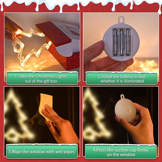 3Pack Christmas Window Lights Decorations with Timer,Battery Powered Christmas Hanging Warm White Lighted Snowflake Tree Bells Shaped LED Sucker for 2026 Xmas Tree Fireplace Indoor Decor