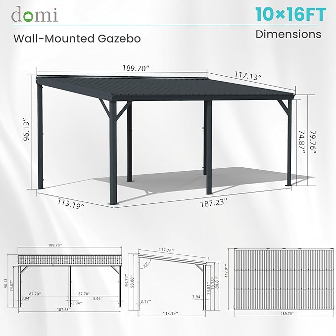 Domi 10' x 16' Lean to Gazebo, Wall Mounted Gazebos Pergola with Built in Drainage System, Galvanized Steel Roof, Hardtop Patio Shelter for Deck, Porch, Backyard and More,Gray