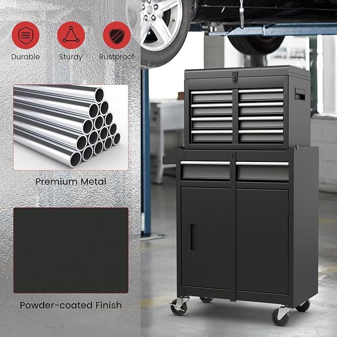 IRONMAX Rolling Tool Chest, 5-Drawer Lockable Tool Cabinet w/Adjustable Shelf & 4 Universal Wheels, 2 in 1 Detachable Tool Box Storage Organizer for Garage Workshop Repair Shop, Black