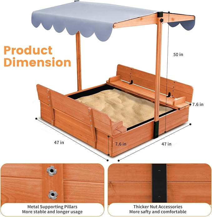 Wooden Kids Sandbox with Lid Sand Box with Canopy Outdoor Sandpit with Cover Adjustable Roof Bottom Liner