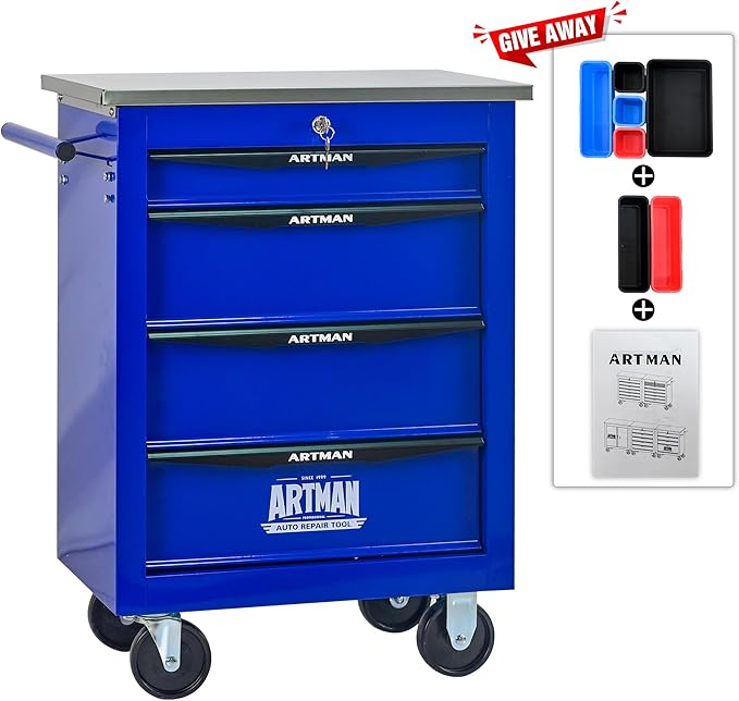 RYH 4/5/6/7 Drawers Rolling Tool Chest -Heavy Duty Mobile Metal Tool Box with Locking Wheels, with Stainless Steel Worktop, Garage Tool Storage Cabinet (Blue, 4-Drawers 30.7 H¡¿22.2 W)