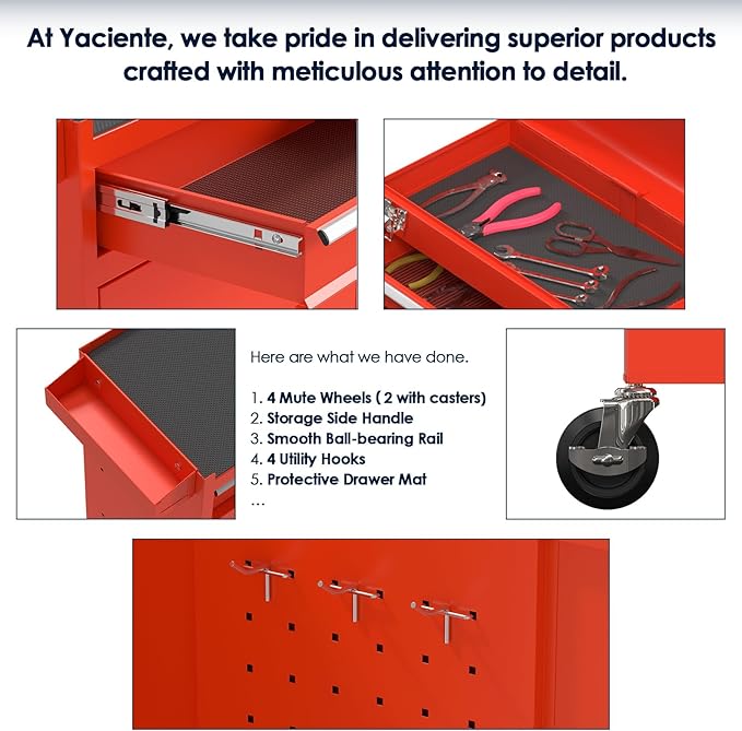 5-Drawer Rolling Tool Chest, High Capacity Removable Tool Storage Cabinet, Detachable Toolbox with Lock for Garage Warehouse and Tool Room (Red)