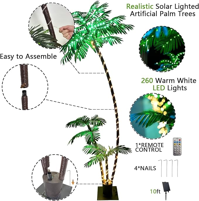 7ft Solar Lighted Palm Tree, Home Room Decor 260LED Christmas Tree, 3 Trunks Artificial Palm Trees for Outside Patio, Indoor Decorations, Outdoor Garden, Pool