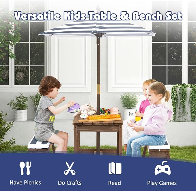 Costzon Kids Picnic Table, Toddler Wood Table & Chair Set w/Cushions, Height Adjustable Umbrella, Children Activity Table Outdoor Furniture Set for Patio, Garden, Backyard, Gift for Ages 3-8 (Blue)