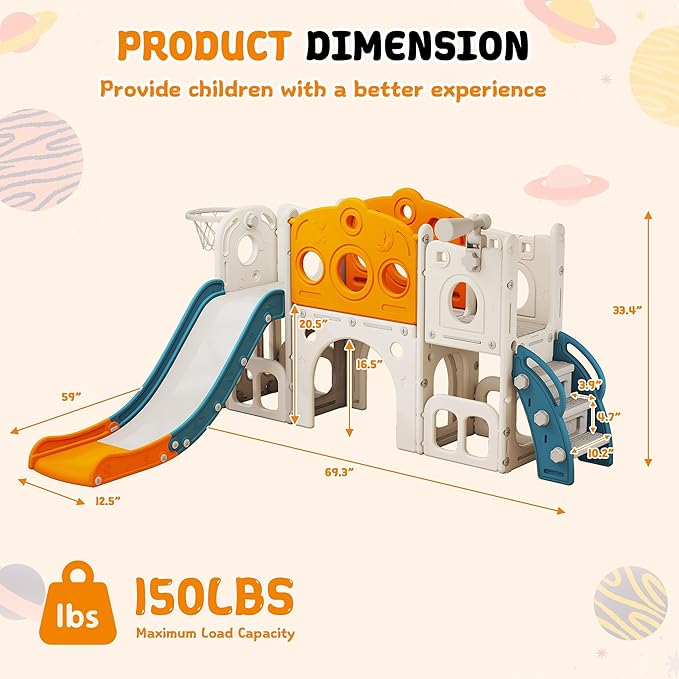8 in 1 Toddler Slide, Outdoor Indoor Playset for Kids Baby Age 1 2 3, Childs Climber Slide with Storage Space and Non-Slip Steps, Basketball Hoopa and Telescope, Yellow & Green