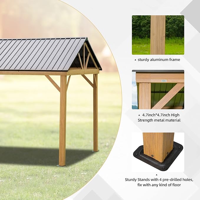 Domi 12’x14’ Hardtop Gazebo Outdoor Aluminum Gazebo with Galvanized Steel Gable Roof for Lawn and Garden(Wood-Looking)