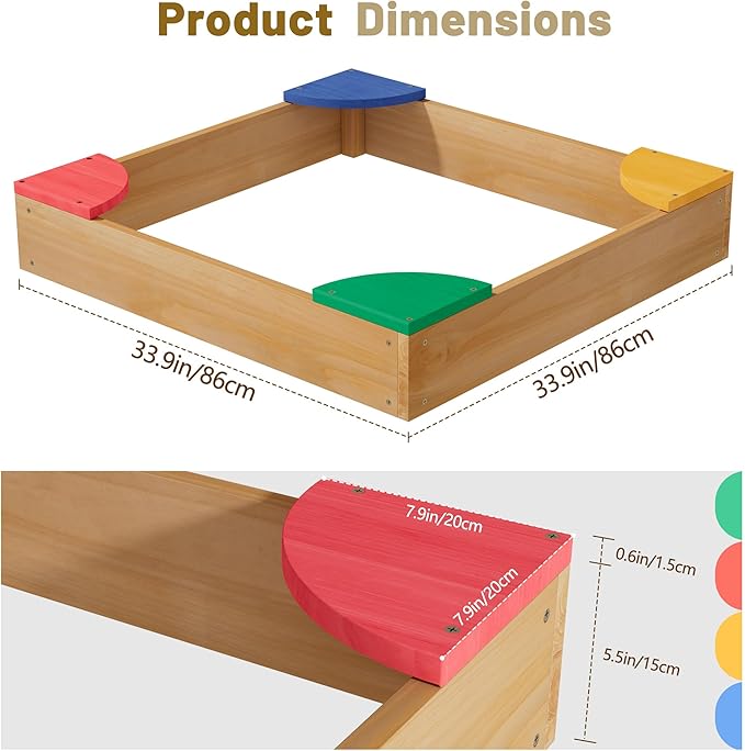 Kids Wooden Sandbox with Colorful Seats, Outdoor Sand Box for Backyard, Large Cedar Play Sandpit for Toddlers & Kids Ages 3-8
