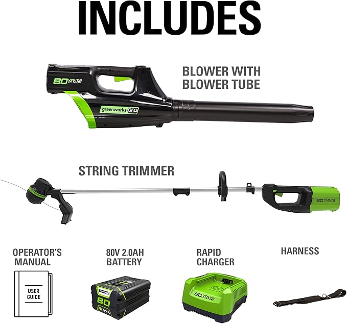 Greenworks 80V Brushless Cordless Yard Tool Combo Kit with 2.0Ah Battery & Rapid Charger ? 16 Dual-Line String Trimmer and 500 CFM / 125 MPH Leaf Blower, Variable Speed, 4-Year Warranty