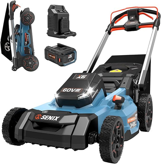 SENIX X6 60 Volt Max* 21-Inch 3-in-1 Cordless Push Lawn Mower,Self-Propelled,with Bagging,Mulching,Side Discharge,Height Adjustment,Smart Display,8Ah Lithium-ion Battery&Charger Included (LPSX6-H)