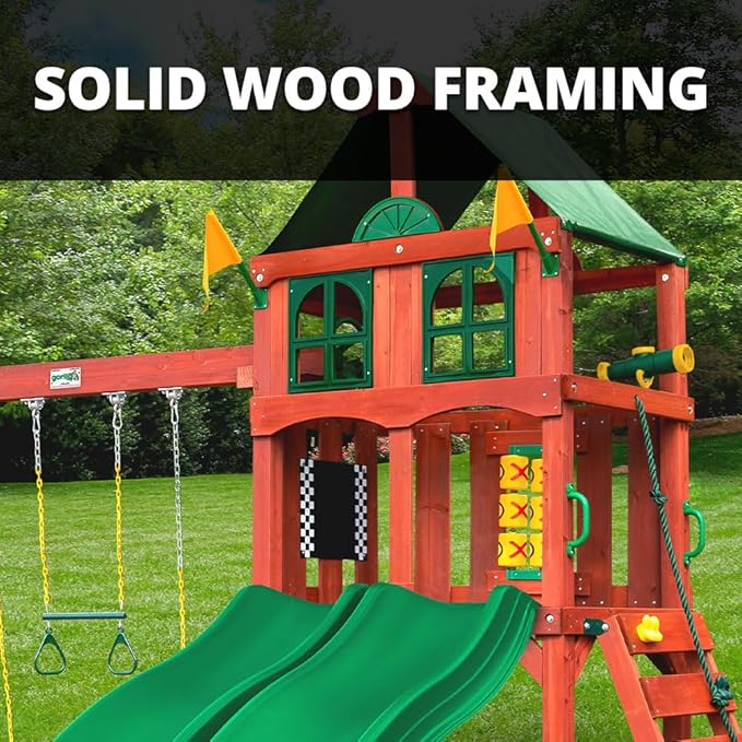 Gorilla Playsets 01-1057 Playmaker Deluxe Wooden Swing Set with Vinyl Canopy Roof, Dual Wave Slides, and Rock Climbing Wall, Redwood Stained Cedar