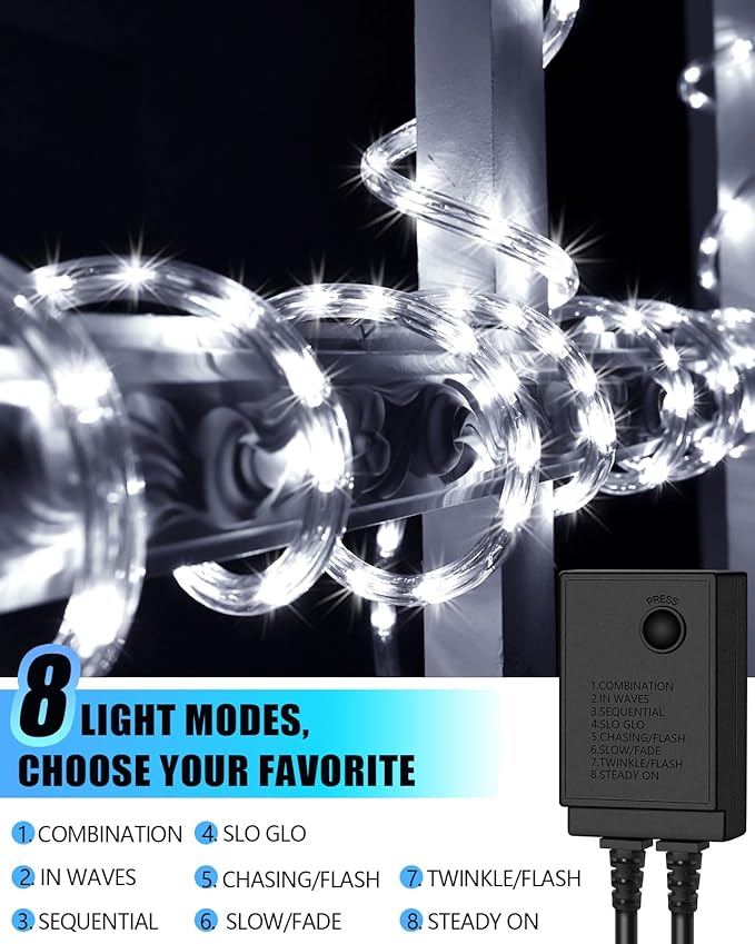 100ft 1080 LED Rope Lights Christmas Outdoor Waterproof, Flexible Connectable Tube Lights with 8 Modes, String Lights Decorative Lighting for Garden Patio Tree Bedroom Xmas Decor(White)