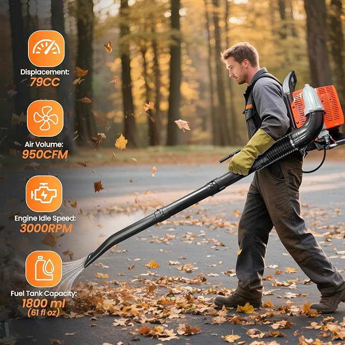 63CC Gas Leaf Blower, 3.2HP Backpack Blower with 660 CFM Air Volume and 200 MPH Wind Speed, Powerful 2-Stroke Engine for Heavy-Duty Lawn, Yard, and Parking Lot Cleanup