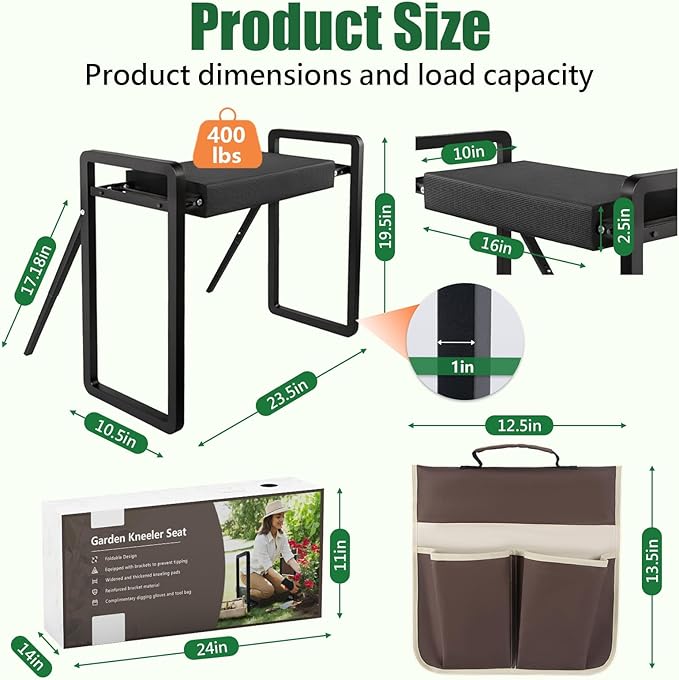 seasky Foldable Garden Kneeler and Seat, Anti-Tipping Gardening Bench Widened Thick Soft Kneeling Pad£¬Heavy Duty Gardening Stool with Garden Tool Bag, Gardening Gift for Women(Without Gloves)