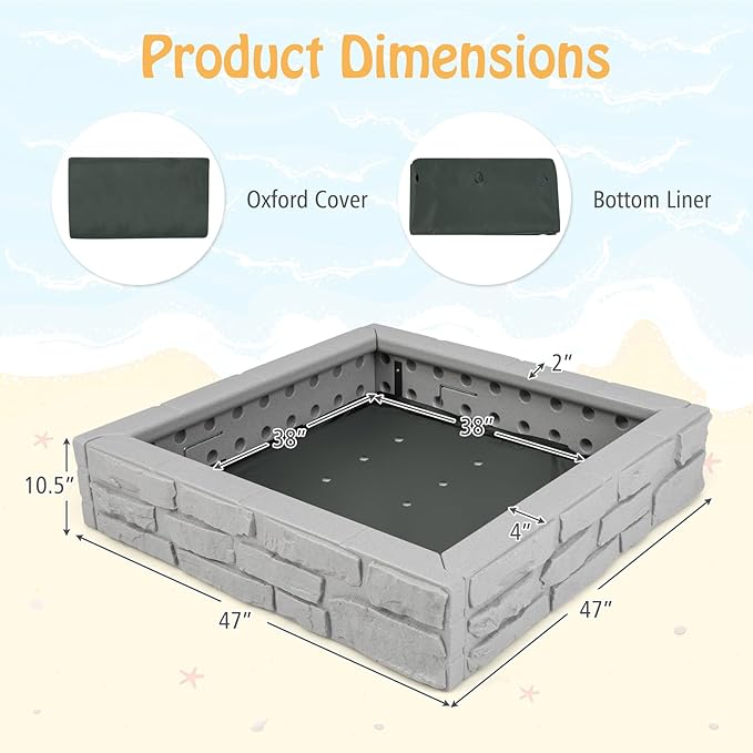 HONEY JOY Sandbox with Cover, 47 x 47 Inch Square Sand Pit for Backyard, Bottom Drainage Oxford Liner, HDPE Playful All Weather Resistant Sand Boxes for Kids Outdoor with Lid (Gray)