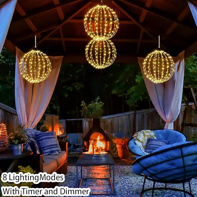 16" Large Outdoor Hanging Lighted Sphere, Christmas Decoration Light Balls, 2 in 1 Warm White and Multicolor Chandelier, 208 LED Iron Frame Foldable Globe for Patio Tree Gazebo Decor (2PK Plug in)