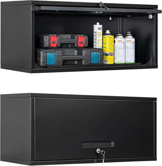 Yizosh Metal Garage Cabinet with Doors, Wall Mounted Storage Cabinet, Floating Tool Cabinet for Basement, Kitchen, Warehouse (Black, 13.7 H)
