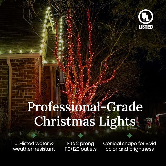 Pro Christmas LED Christmas Lights - 50 Count Wide Angle Conical String Lights - Professional Grade Indoor/Outdoor Commercial Holiday Light Set for Trees, Bushes, & Décor - Red