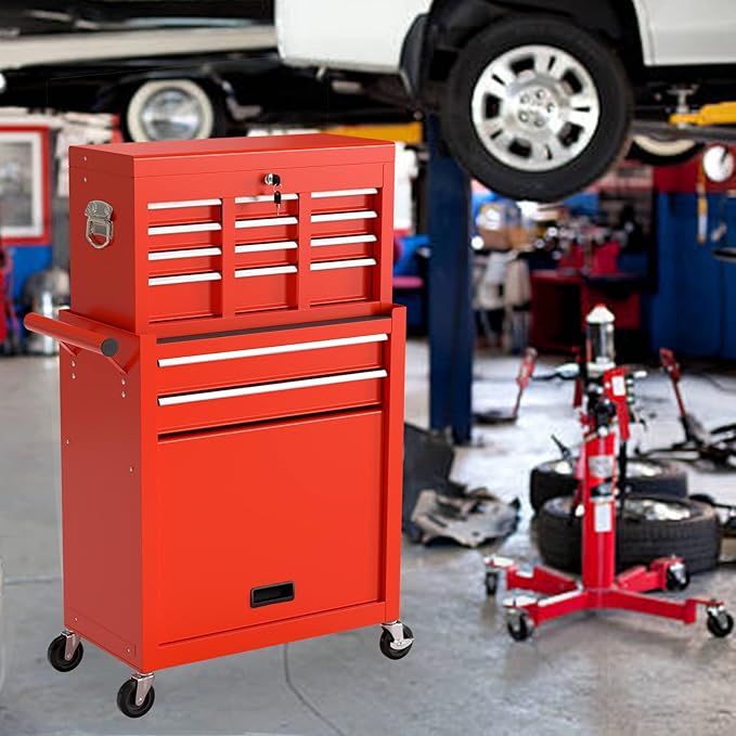 8-Drawer Rolling Tool Chest, High Capacity Removable Tool Storage Cabinet, Detachable Toolbox with Lock for Garage Warehouse and Tool Room (Red)