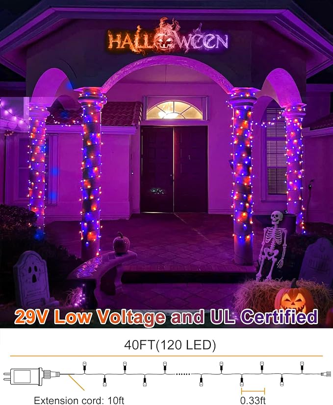 40FT 120 LED Christmas Lights Outdoor, Purple Orange Christmas String Lights Waterproof, 8 Modes Connectable Christmas Tree Lights for Indoor Home Patio House Holiday Decorations