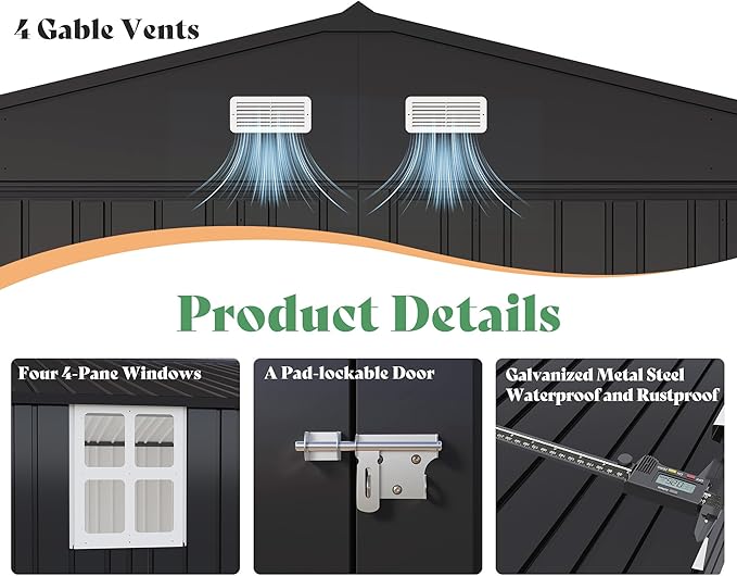 AMERLIFE 10x21x7.3 FT Outdoor Metal Garage Shed, Extra Large Storage Shed with Double Hinged Doors & 4 Windows, Carport for Car, Midsize SUV and Equipment Storage, Dark Gray