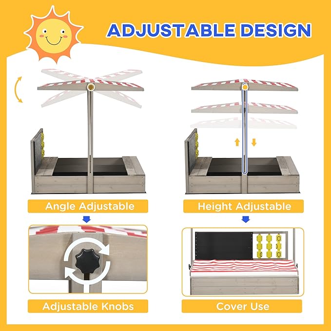 Outsunny Kids Sandbox with Canopy, Bench Seats Wooden Sand Pit, Backyard Toy with Chalkboard, Tic Tac Toe Game, Gift for Girls and Boys, Ages 3-7