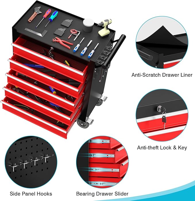 5-Drawer Rolling Tool Chest, Lockable Portable Storage Tool Chest with Wheels, Tool Box for Garage, Workshop, Warehouse & Repair Shop