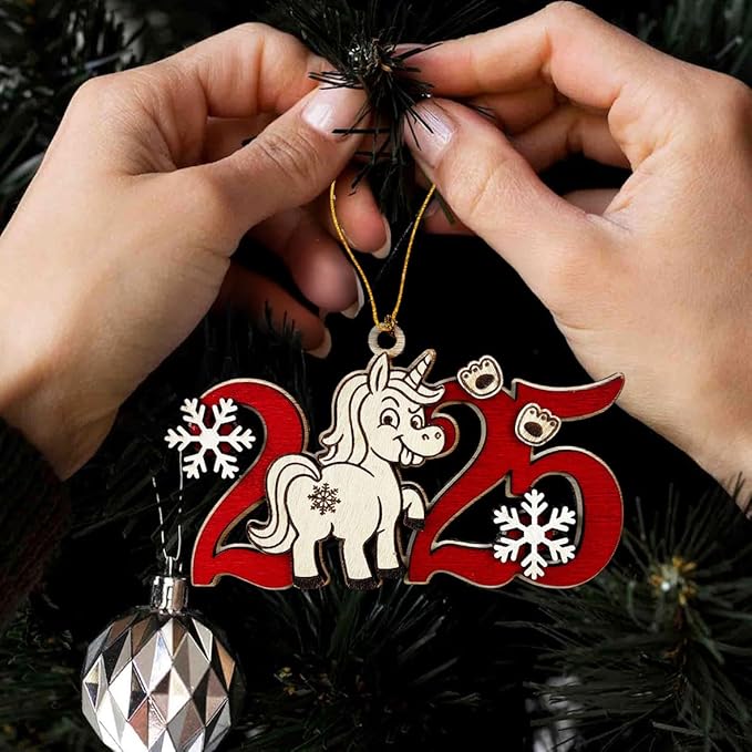 Unicorn 2025 Wooden Christmas Tree Ornament – Cute Fantasy Horse Holiday Decoration for Girls & Kids, Magical Unicorn, Wooden Xmas Ornament for Tree, Friends & Family