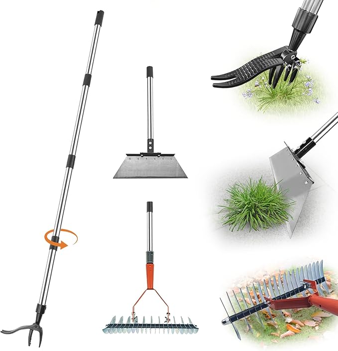 Manual Weed pullerTool,Heavy Duty 12''Flat Shovel, 14''Steel Metal Thatch Rake with Adjustable Long Handle for Leaf & Moss & Edging & Ice & Snow Removal in Lawn,Driveways, Patios, Garden Cracks