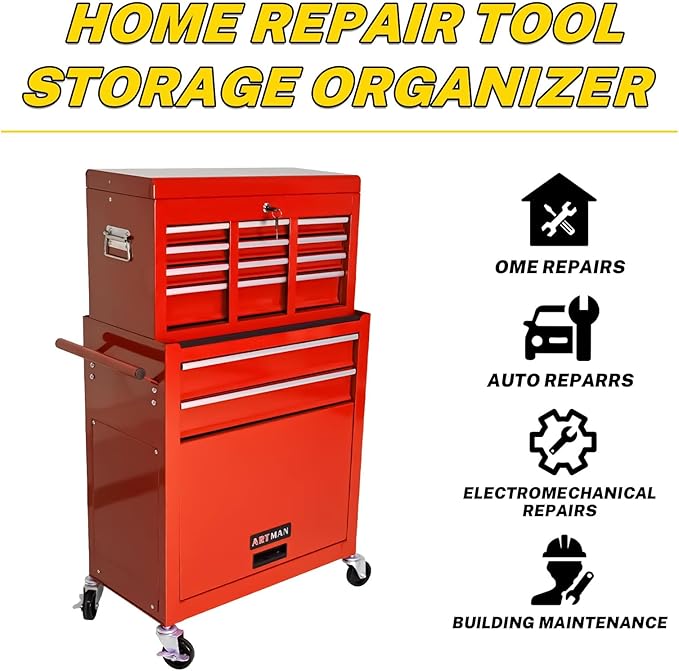 Rolling Tool Chest with Wheels, 8-Drawer Steel Tool Storage Cabinet with Lockable Top, Heavy-Duty Mobile Tool Box Organizer for Garage, Workshop & Job Site
