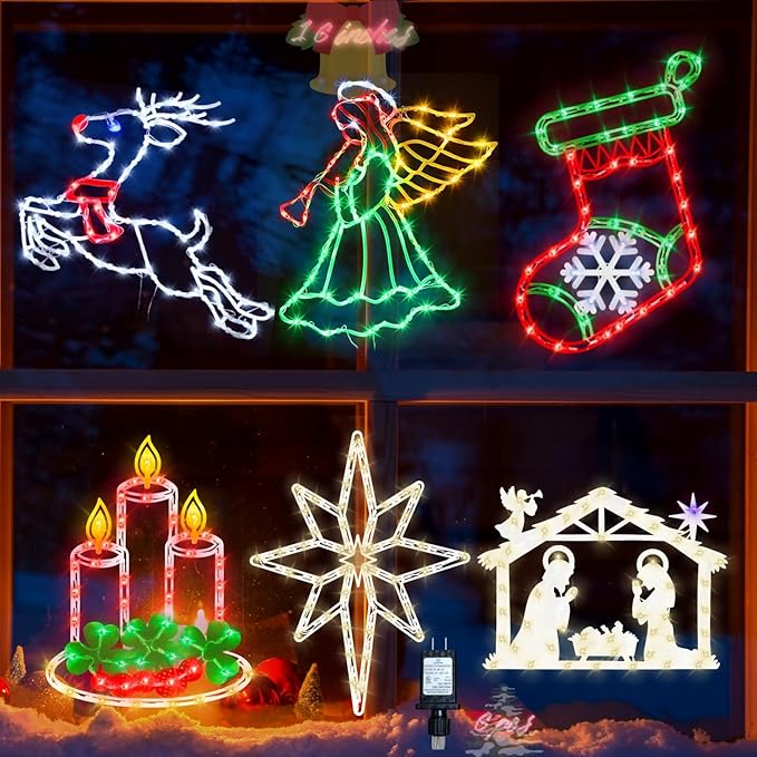 16" Christmas Window Silhouette Lights Decorations - 6 Pack Colour Lighted Reindeer ＆ Bell ＆ Nativity ＆ Candle ＆ Christmas Stocking ＆ Bethlehem Star for Holiday Wall Door Window Decorate