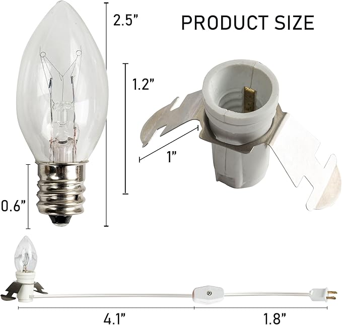 Dazzle Bright 4 Pack 6 FT Accessory Cord with Incandescent Light Bulb E12 Socket White Cord with On/Off Switch Plug, C7 Candelabra Light Bulbs for Holiday Decorations, Christmas Village House