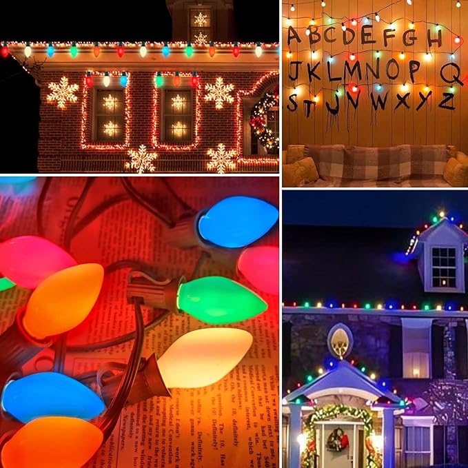 C7 LED Christmas String Lights,Vintage 25Ft Outdoor Multicolor String Lights with 27 Energy-Efficient Waterproof Glass LED Bulbs for Christmas Backyard Carnival,Patio,Wedding,Holiday Decoration.
