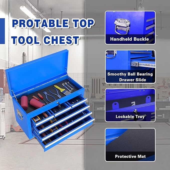 8-Drawer Tool Box with Wheels, Rolling Tool Storage Cabinet with Detachable Top Tool Chest and Locking Mechanism, Metal Tool Cart for Garage Workshop and Room Use (Blue)