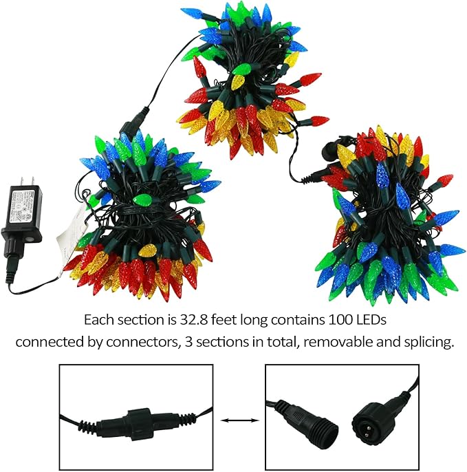 AWQ 300LED 108 FT C6 Christmas String Lights Plug in Fairy Twinkle String Lights 8 Modes Timer Function Waterproof Extendable for Indoor Outdoor Wedding Party Christmas Decoration (300, Multicolor)