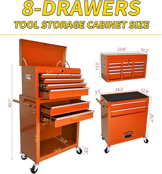 Rolling Tool Chest with Wheels, 8-Drawer Steel Tool Storage Cabinet with Lockable Top, Heavy-Duty Mobile Tool Box Organizer for Garage, Workshop & Job Site