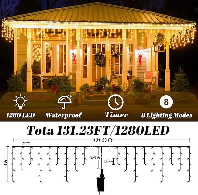 131FT 1280 LED Icicle Outdoor String Lights Warm White- Waterproof Christmas Curtain Lights, 11 Modes Twinkle Function for Patio, Wedding, Holiday, Party Decorations