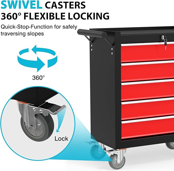 5-Drawer Rolling Tool Chest, Lockable Portable Storage Tool Chest with Wheels, Tool Box for Garage, Workshop, Warehouse & Repair Shop
