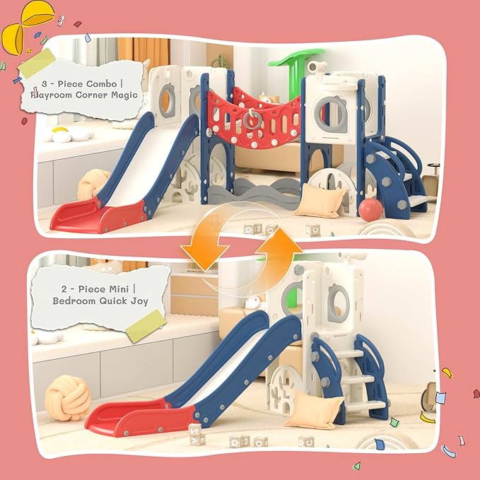 67i 9 in 1 Toddler Playground Slide Set - Monkey Bar (Climbing Arch) for Coordination, Easy Assembly, Indoor Outdoor Playset Birthday Gift with Golf/Basketball/Drawing (Red, Without Swing)