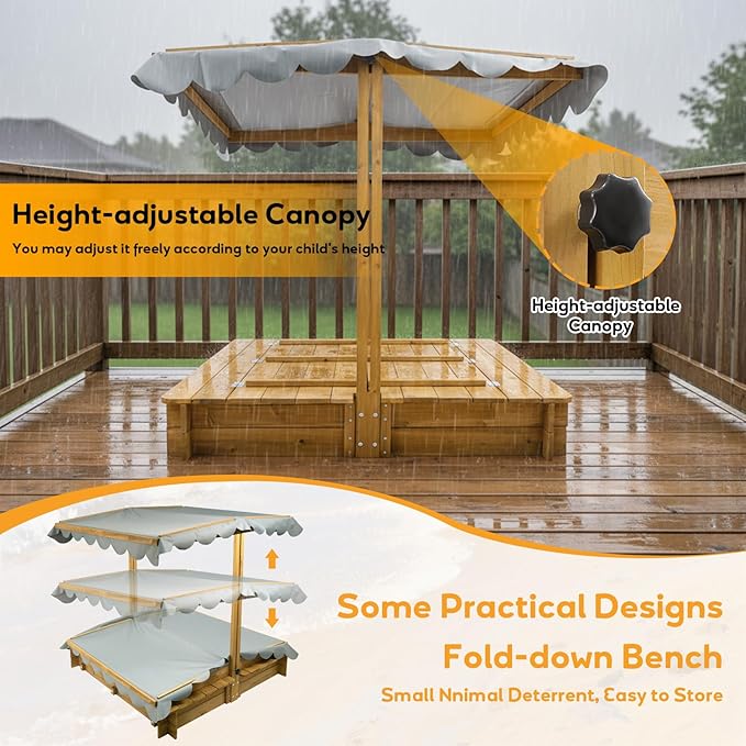 Kids Sandbox with Canopy & 2 Benches - 47 Large Wooden Outdoor Sand Box, Adjustable Weatherproof Cover, Easy-Fold Lid, Gift for Toddlers Ages 2-8, Backyard, Patio