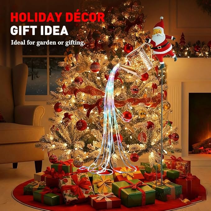 Christmas Santa Solar Kettle Lights Garden Lawn Decorative Lights, Hanging Metal Solar Santa Claus Watering Can Light for Outdoor, Xmas Yard Decor Lamp Vintage Lantern for Patio Path (Multicolor)