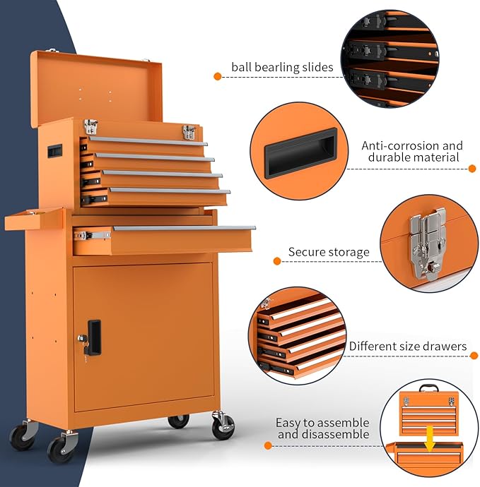 5-Drawer High Capacity Rolling Tool Box, Removable Cabinet Storage Tool Chest with Wheels and Drawers, Detachable Toolbox with Lock for Mechanics Garage Workshop and Tool Room (Orange)