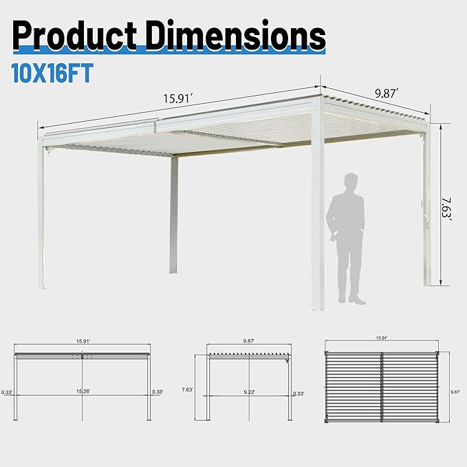 10’ x 16’ Louvered Pergola, Outdoor Pergola Aluminum Frame with Adjustable Rainproof Metal Roof, Permanent Sun Shade with Drainage System for Backyard, Garden and Lawn (White)