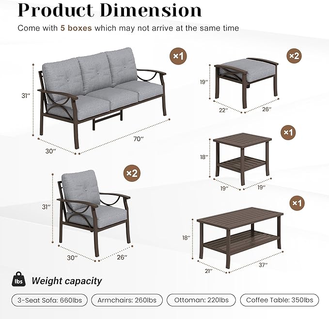 7-Piece Outdoor Patio Furniture Set, Outdoor Metal Sectional Furniture with Cushions, Outdoor Conversation Seating Set with Side Table for Backyard, Garden, Balcony, Deck, Grey