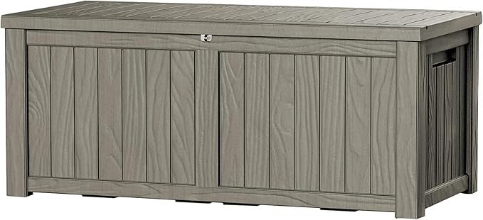 Mersco 120 Gallon Double-Wall Resin Deck Box - Lockable Waterproof Outdoor Storage Box, 1000lbs Capacity & Doubles as Seating for Patio Furniture - Garden Tools, Pool Accessories (Grey)
