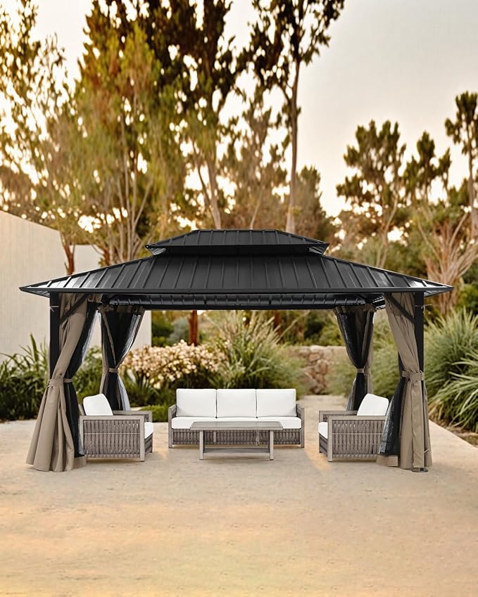 12' x 16' Hardtop Gazebo, Outdoor Patio Gazebo, Aluminum Frame Patio Hardtop Gazebos with Netting and Curtain, Outdoor Patio Pergola with Double Steel Roofs for Deck, Lawns, Garden, Sandstone