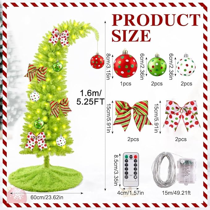 YUJUN 5.25ft Christmas Whimsical Bendable Artificial Tree, 150 LED Lights Christmas Green Tree Skirt with Timer 8 Lighting Modes for Xmas Indoor Outdoor Home Living Room Office Holiday Decoration